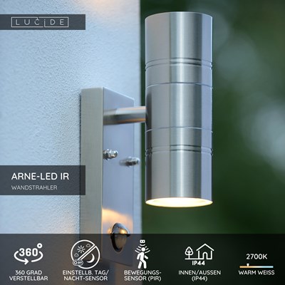 Lucide ARNE-LED IR - Wandstrahler / Wandleuchte Innen/Außen - Ø 6,3 cm - LED - GU10 - 2x5W 2700K - IP44 - Bewegung und Tag/Nacht-Sensor - Chrom Matt